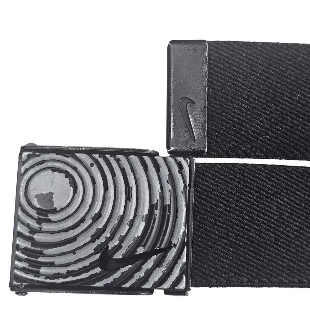 Nike Black Web Belt Plaque Buckle Bottle Opener Swoosh Logo Adjustable Canvas